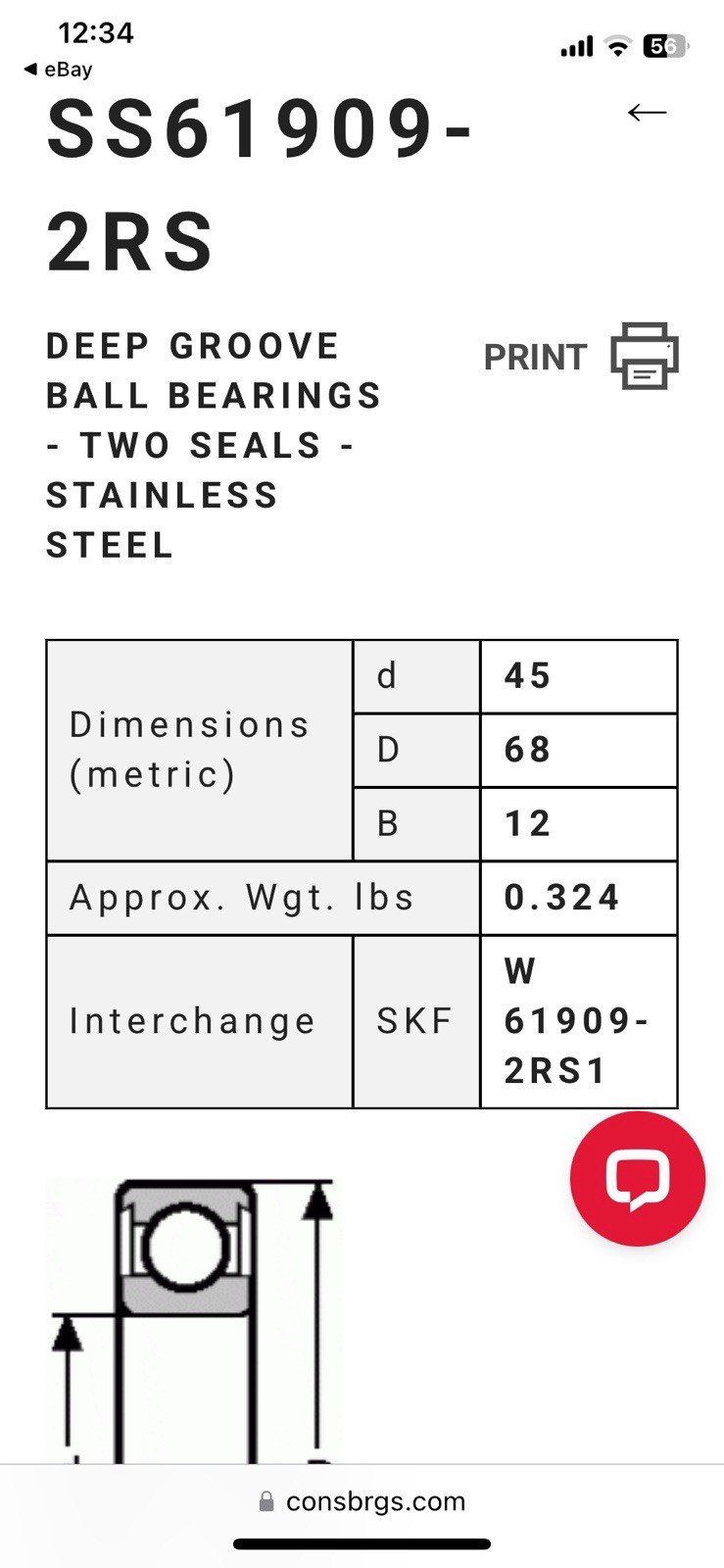 2 SS61909-2RS Deep Groove Ball Bearing Consolidated Precision Bearings NOS