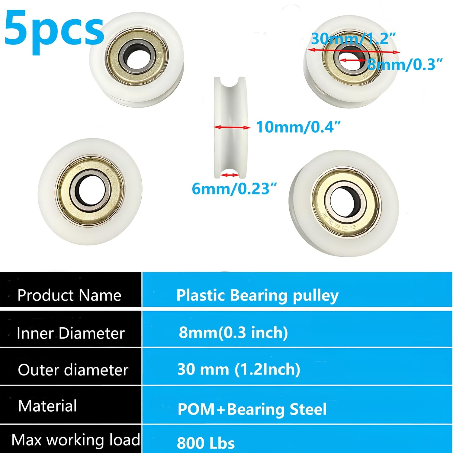 Preamer 5PCS Plastic Pulley Roller Wheel, 8x30x10mm Nylon 8x30x10mm, White