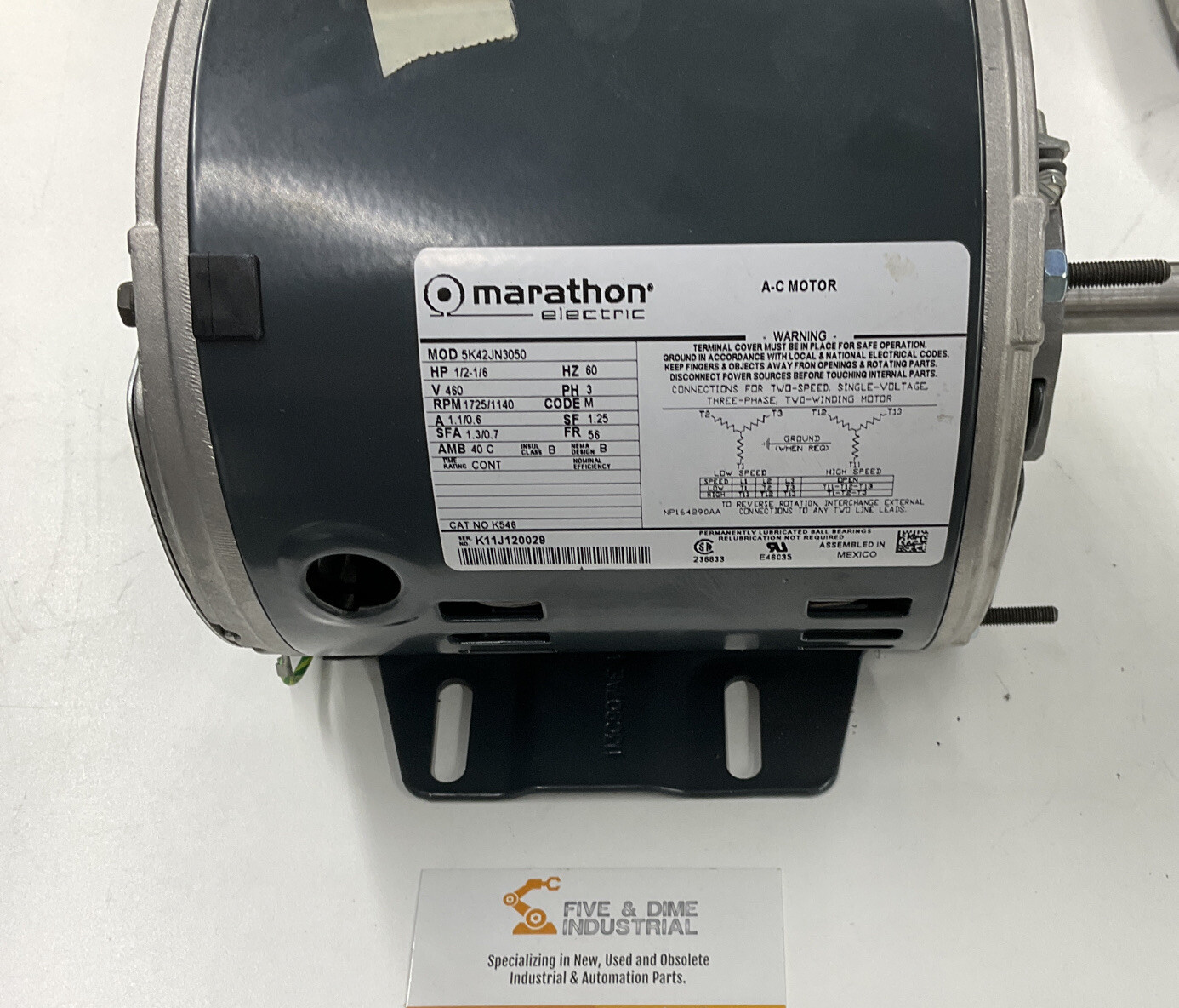 Marathon 56 FR 1/2-1/6 HP Industrial Motor 1725/1140 RPM 460VAC