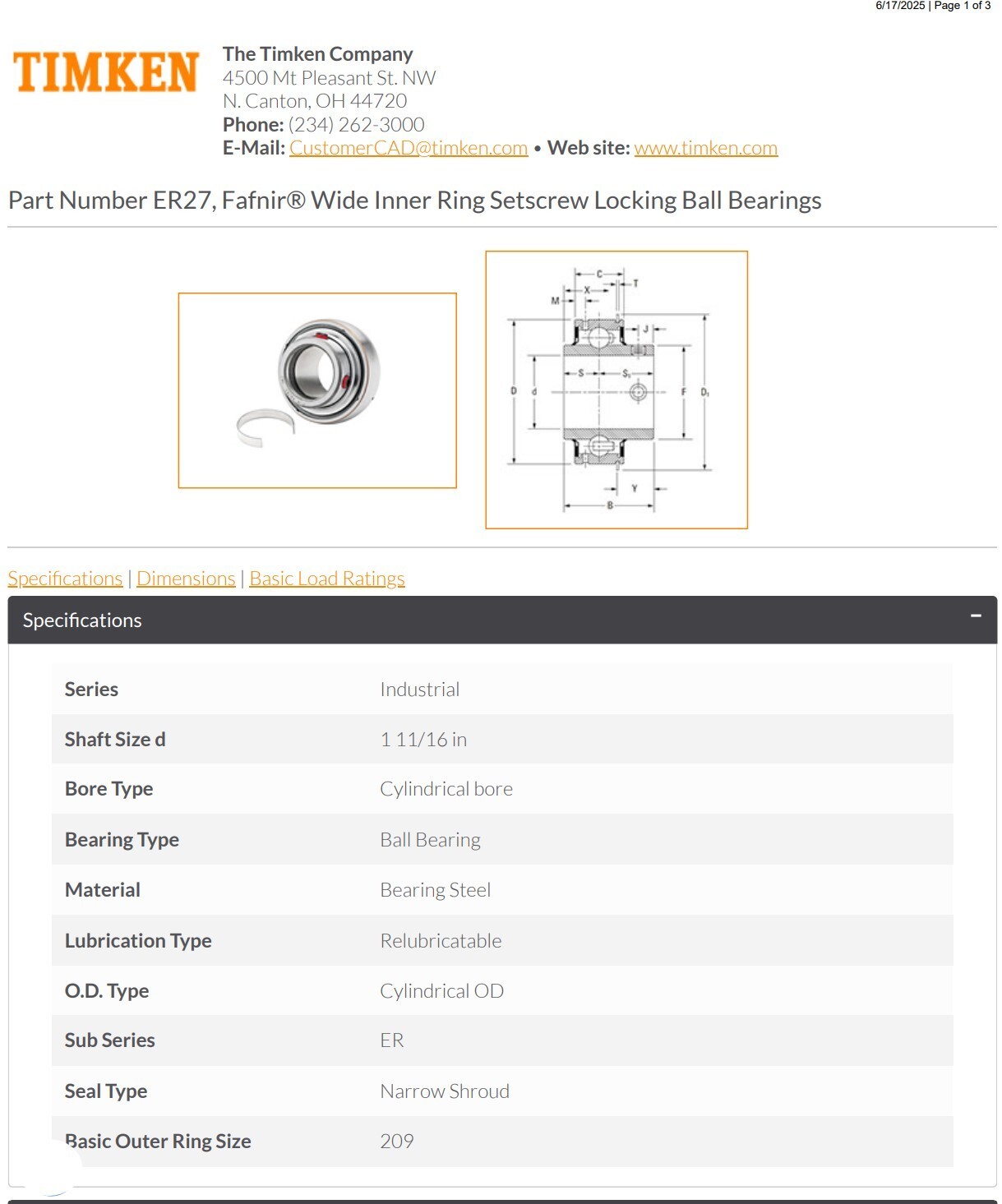 One (1) Timken ER27 Setscrew Locking Ball Bearing 1-11/16″ Bore USA NEW