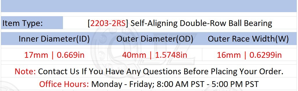 [Qty.10] New 2203-2RS Self-Aligning Ball Bearing [17mm Bore x 40mm OD x 16mm W]
