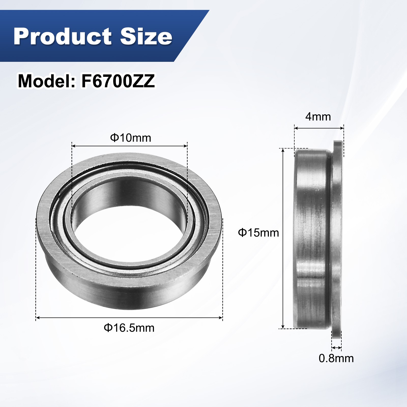 2-Pack F6700ZZ Flanged Ball Bearing, 10x15x4mm Metal Sealed Chrome Steel