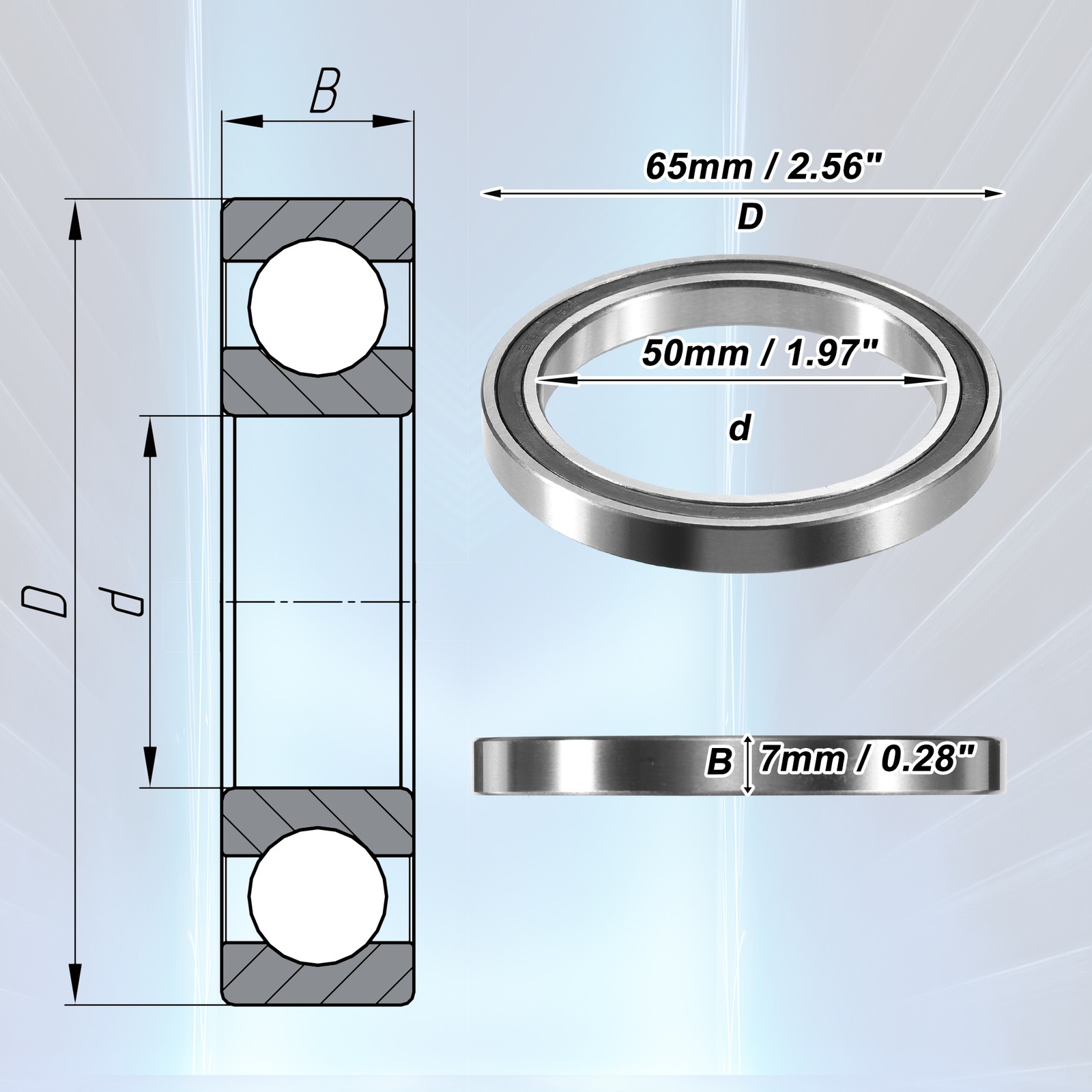 6810-2RS 50x65x7mm Deep Groove Balls Bearings Silver Tone – 1pc
