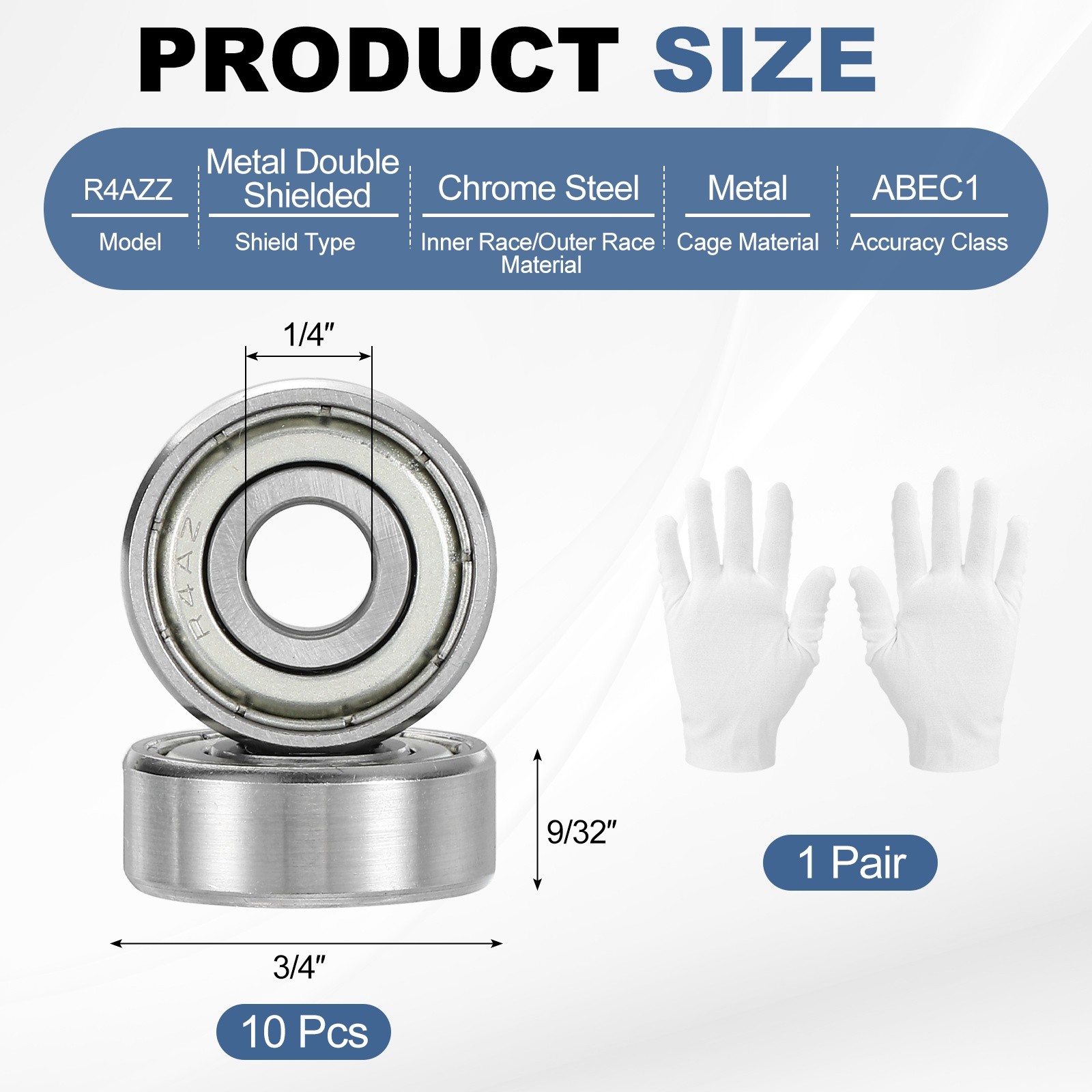 10Pcs R4AZZ 1/4″ ID x 3/4″ OD x 9/32″ Height Ball Bearings with Gloves, Silver