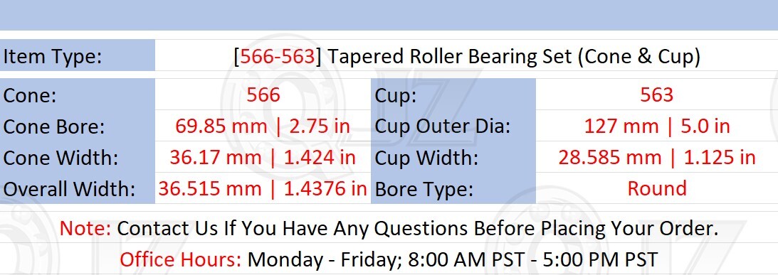 [Qty.2] 566-563 Tapered Roller Bearing Set Cone & Cup [2.75″ Bore x 1.4376″ W]