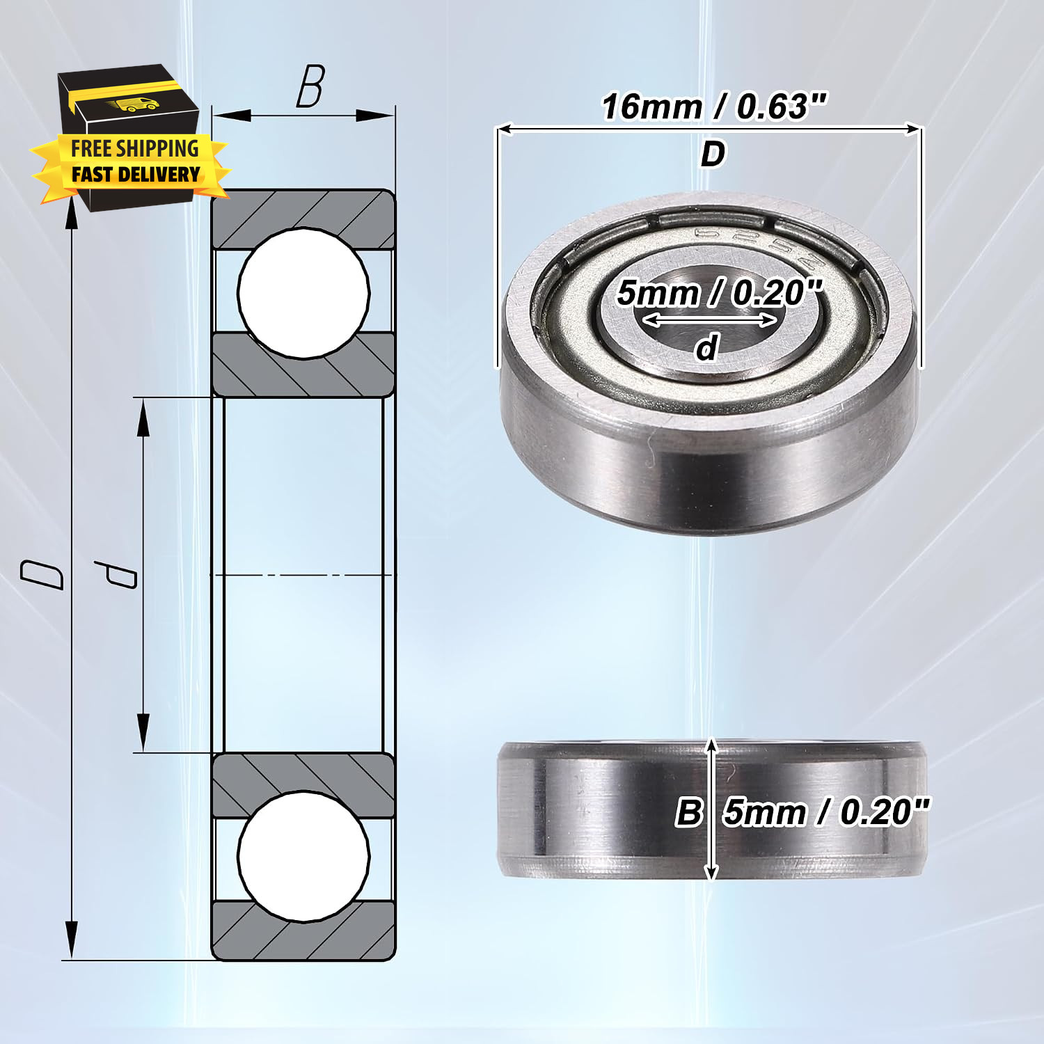 625ZZ 5X16X5Mm Double Metal Shield Single Row Deep Groove Ball Bearings Silver T