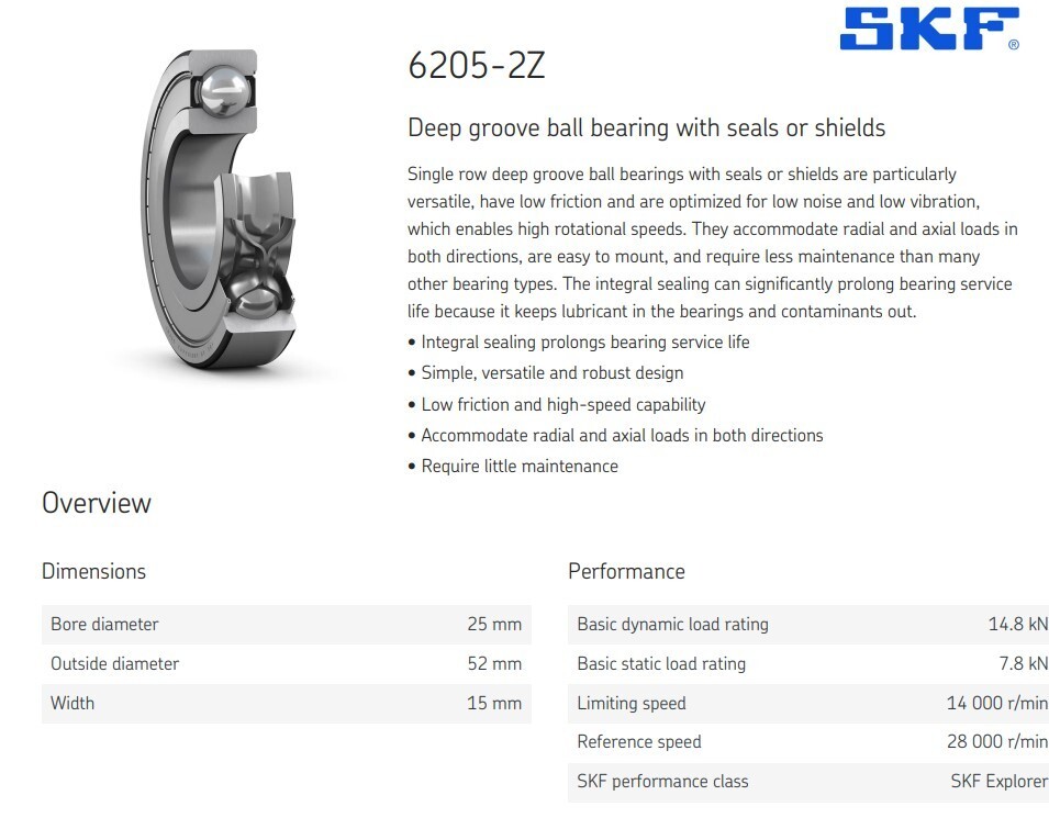 One (1) SKF 6205-2Z/GJN Deep Groove Bearing 25 MM ID USA NEW