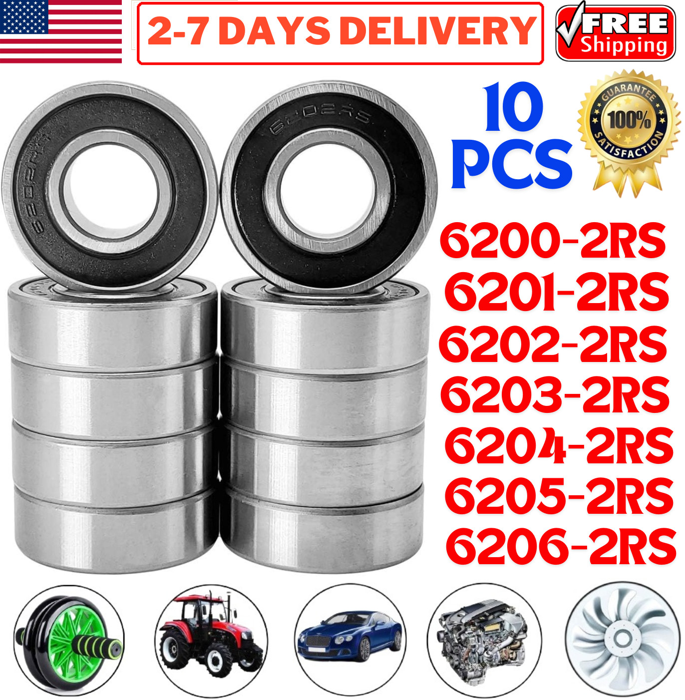 10x Ball Bearings 6200-2RS 6201-2RS 6202-2RS 6203-2RS 6204-2RS 6205-2RS 6206-2RS