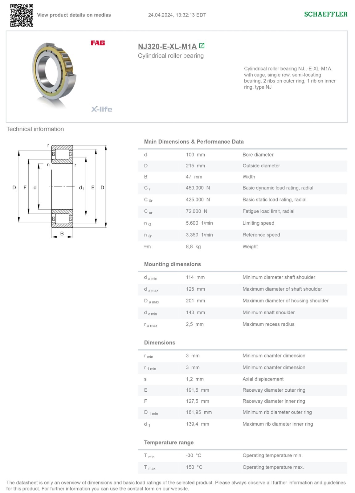 NJ320-E-XL-M1A C4 Cylindrical Roller Bearing 100 x 215 x 47 mm