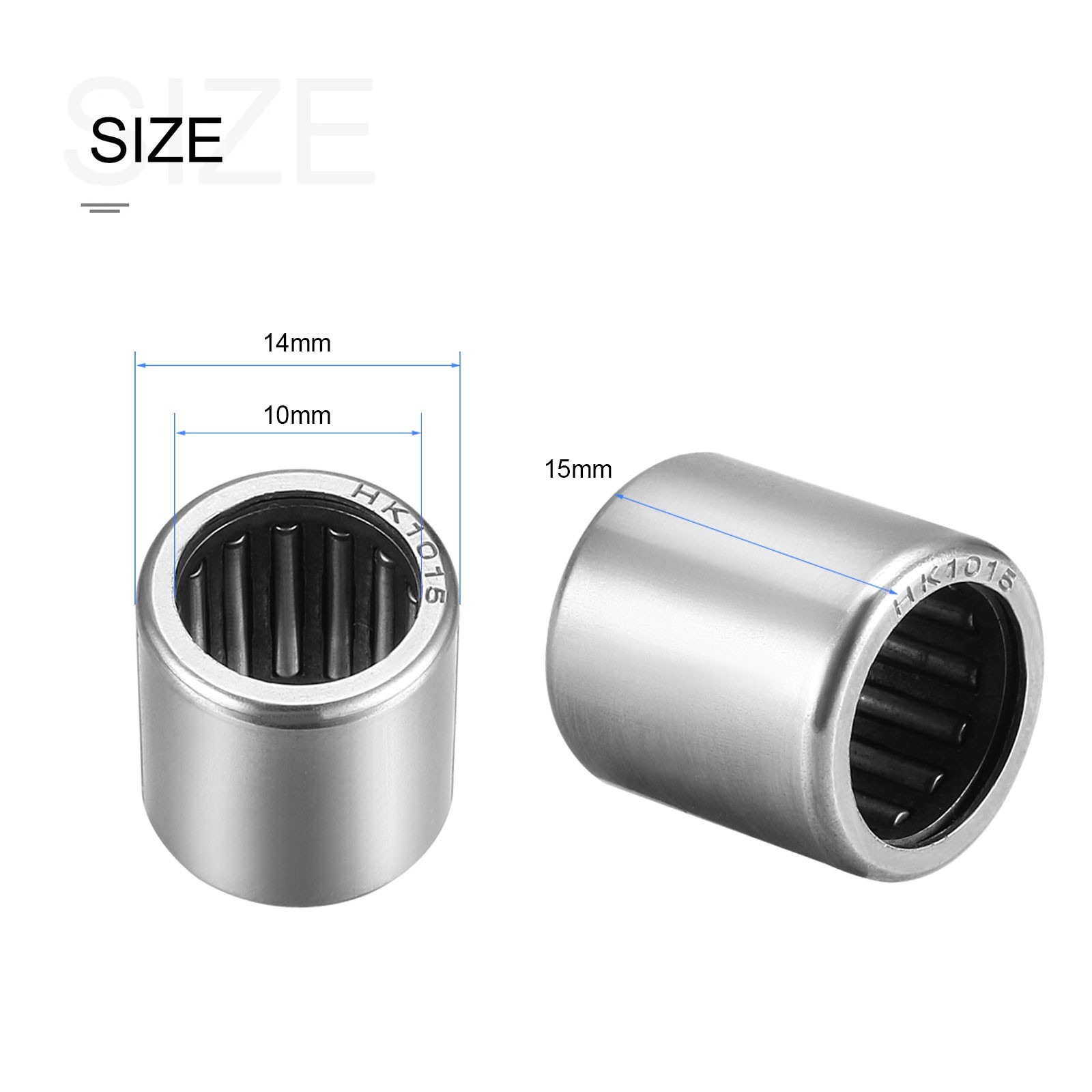 2Pack 10mm ID x 14mm OD 15mm Height HK1015 Needle Roller Bearings Chromium Steel
