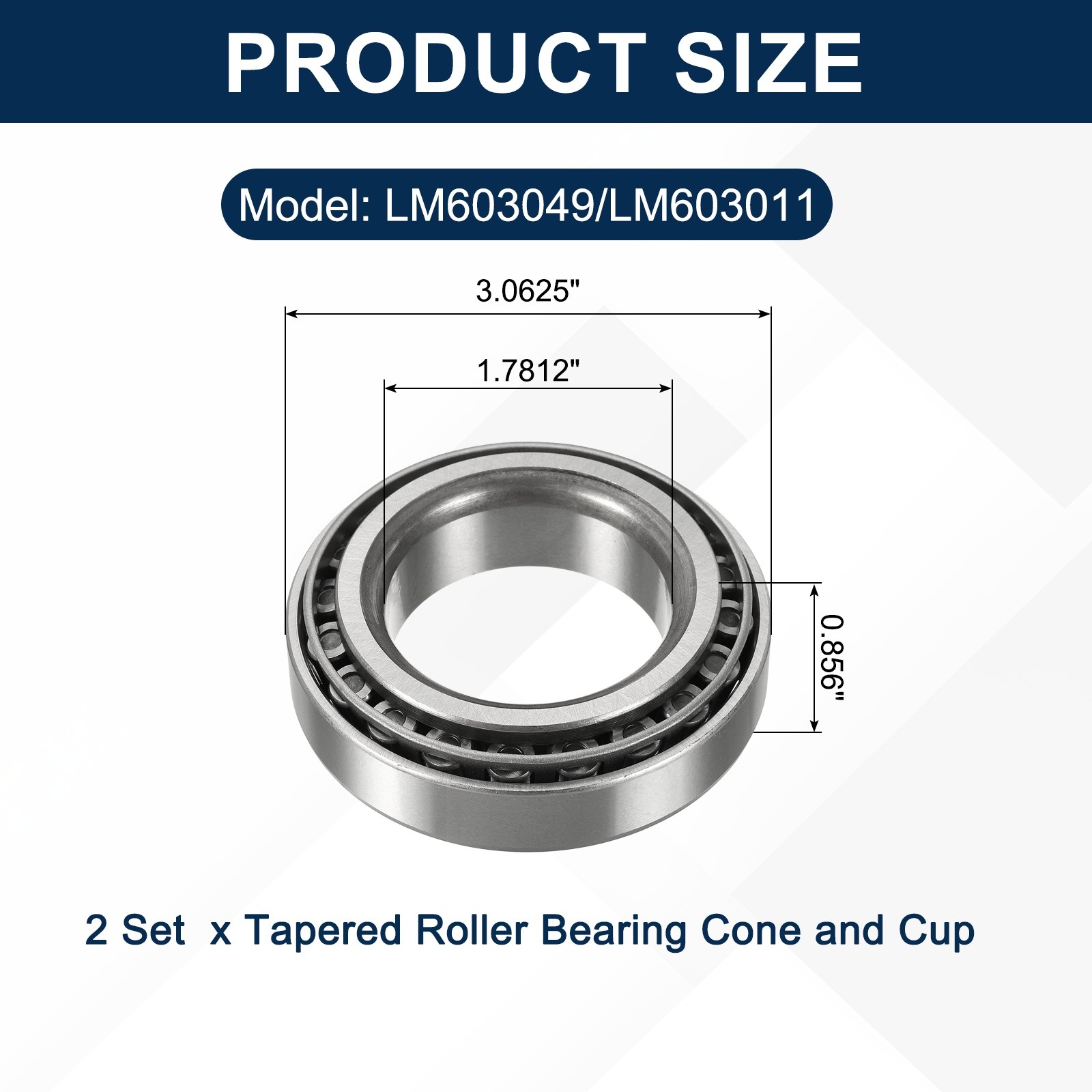 2Sets LM603049/LM603011 Tapered Roller Bearing Cone Cup, 1.7812×3.0625×0.856″