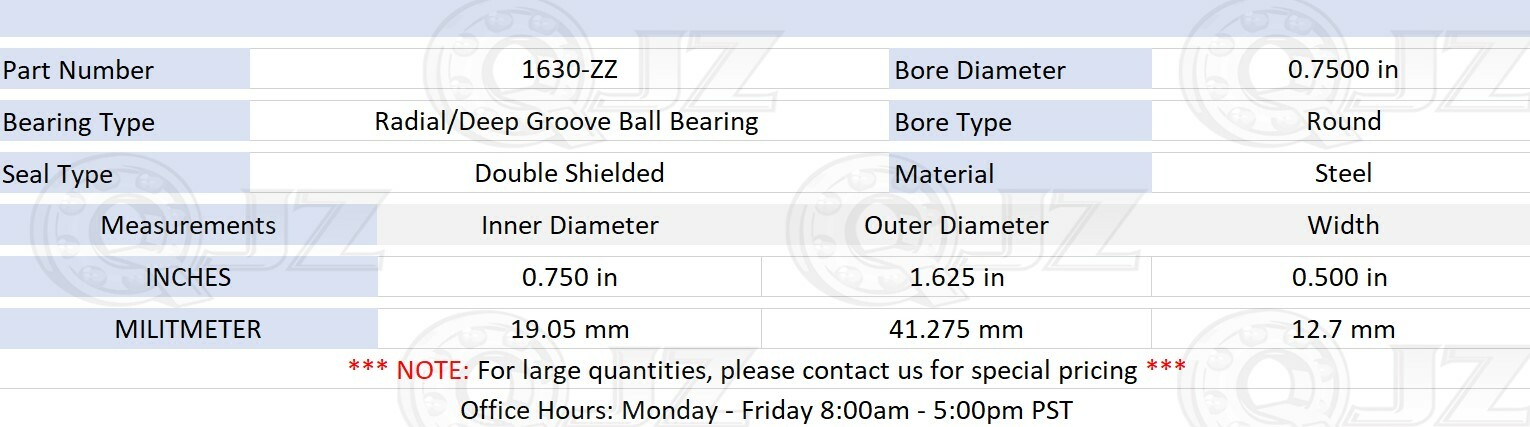 [1-Pack] 1630-ZZ-C3 Deep Groove Radial Ball Bearing 3/4in x 1.625in x 1/2in