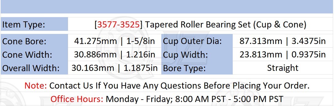 [Qty.2] 3577-3525 Tapered Roller Bearing Set Cup & Cone [1-5/8″ ID x 1.1875″ W]