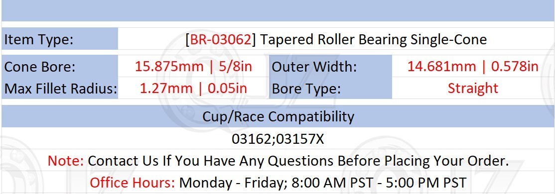 [(Qty.2)] 03062 Tapered Roller Bearing Inner Single Cone [0.625″ ID x 0.587″ W]