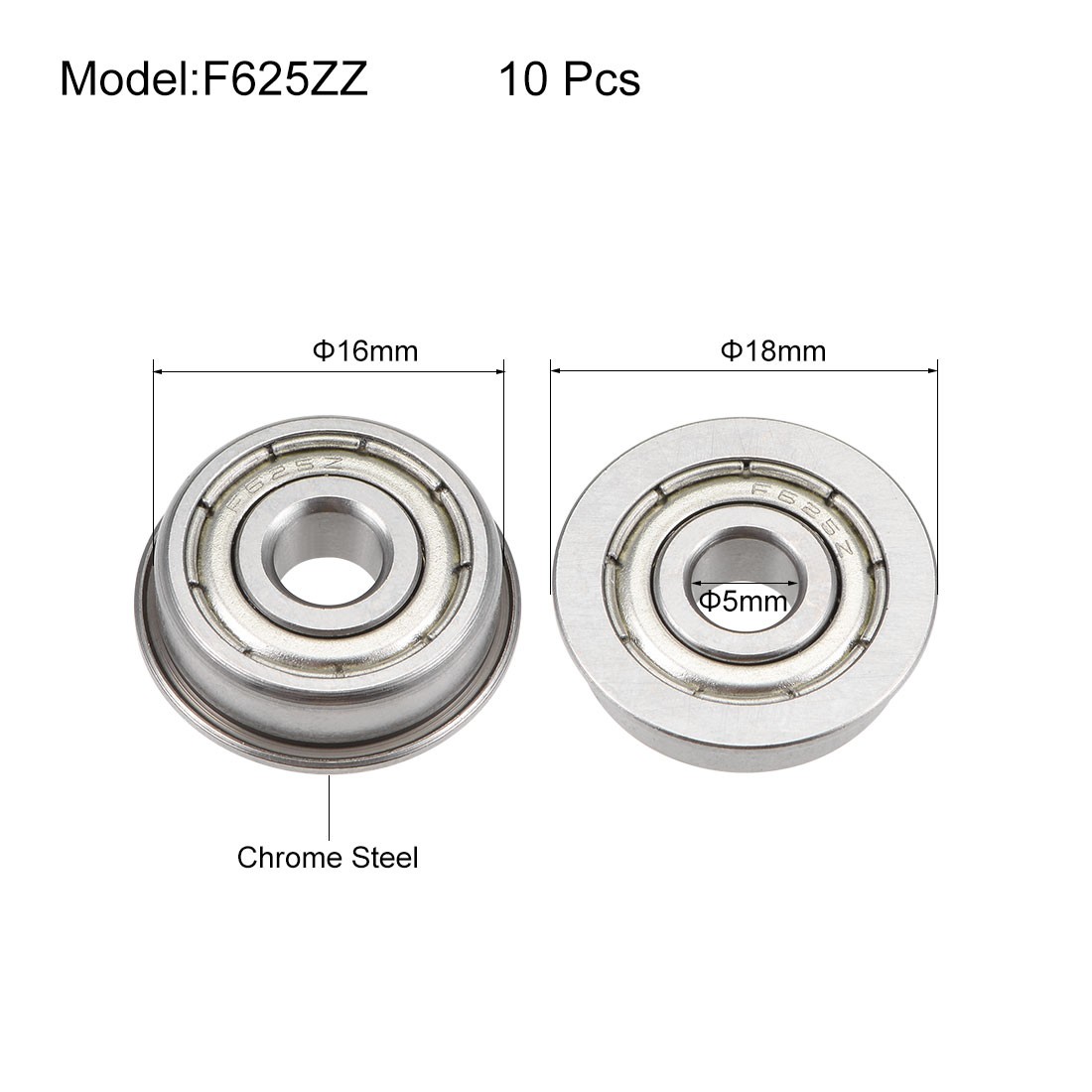 10pcs – F625ZZ Flange Ball Bearing 5x16x5mm Shielded Chrome Bearings