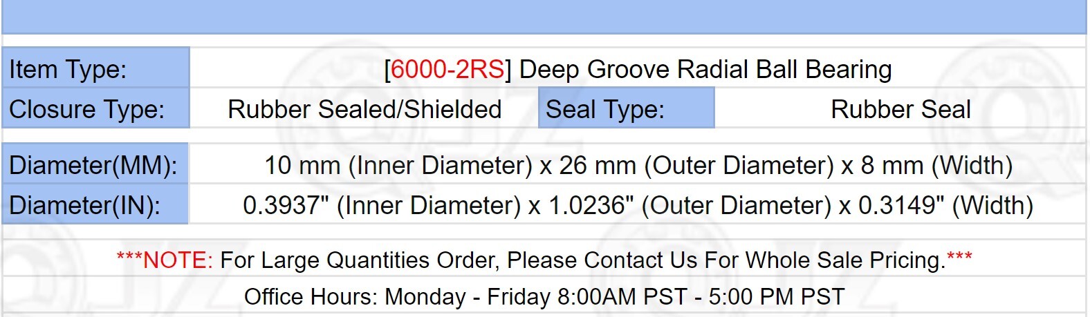 [Qty.100] 6000-2RS Deep Groove Radial Ball Bearing [10mm ID x 26mm OD x 8mm W]