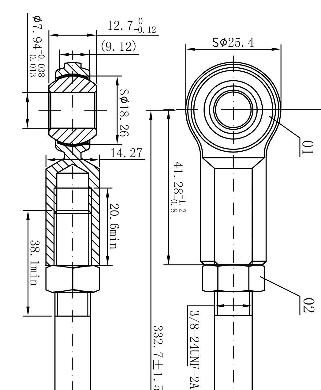CF06-5T Rod End Bearing, 5/16” Bore, 3/8-24” Thread, 3/8” Body, PTFE Lined