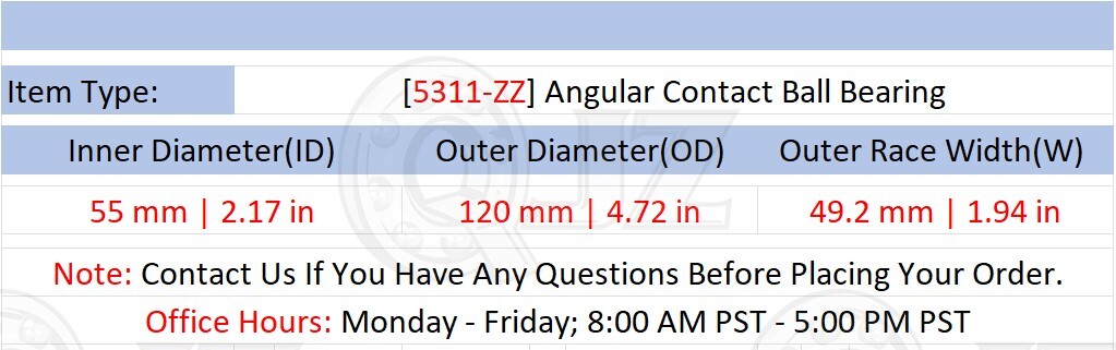 [Qty.4] 5311-ZZ New Angular Contact Ball Bearing [55mm ID x 120mm OD x 49.2mm W]