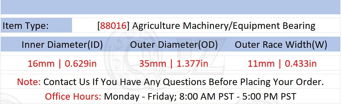 [Qty.8] 88016 Agricultural Equipment Machinery Bearing [16mm Bore x 35mm x 11mm]