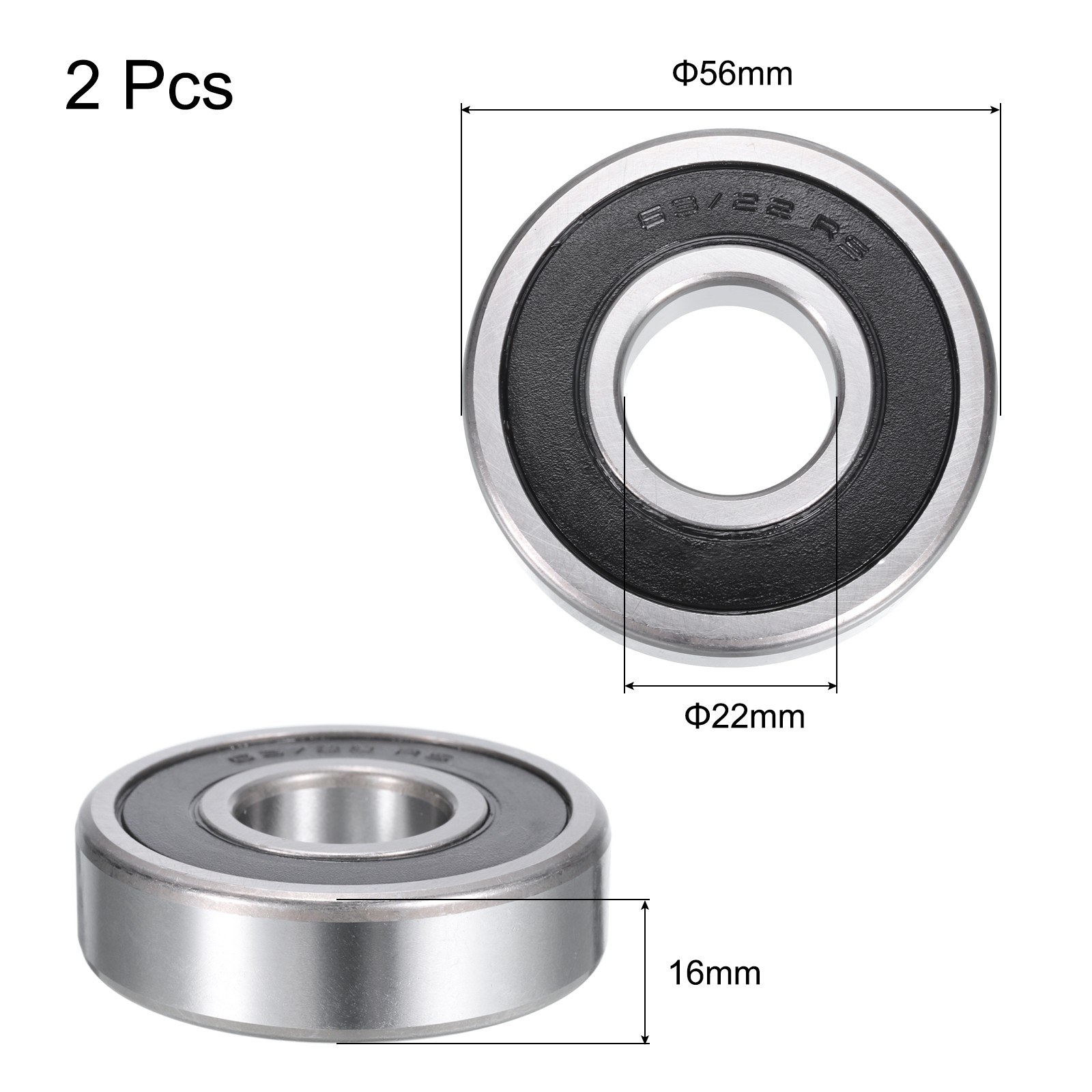 63/22-2RS Deep Groove Ball Bearings,22x56x16mm Rubber Seal Bearings 2 PCS