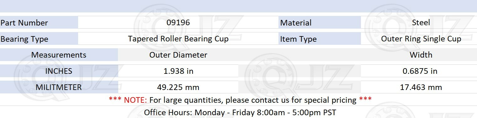 [1-Pack] 09196 Tapered Roller Bearing Outer Cup 1.938″ (Outer) x 0.6875″ (Width)