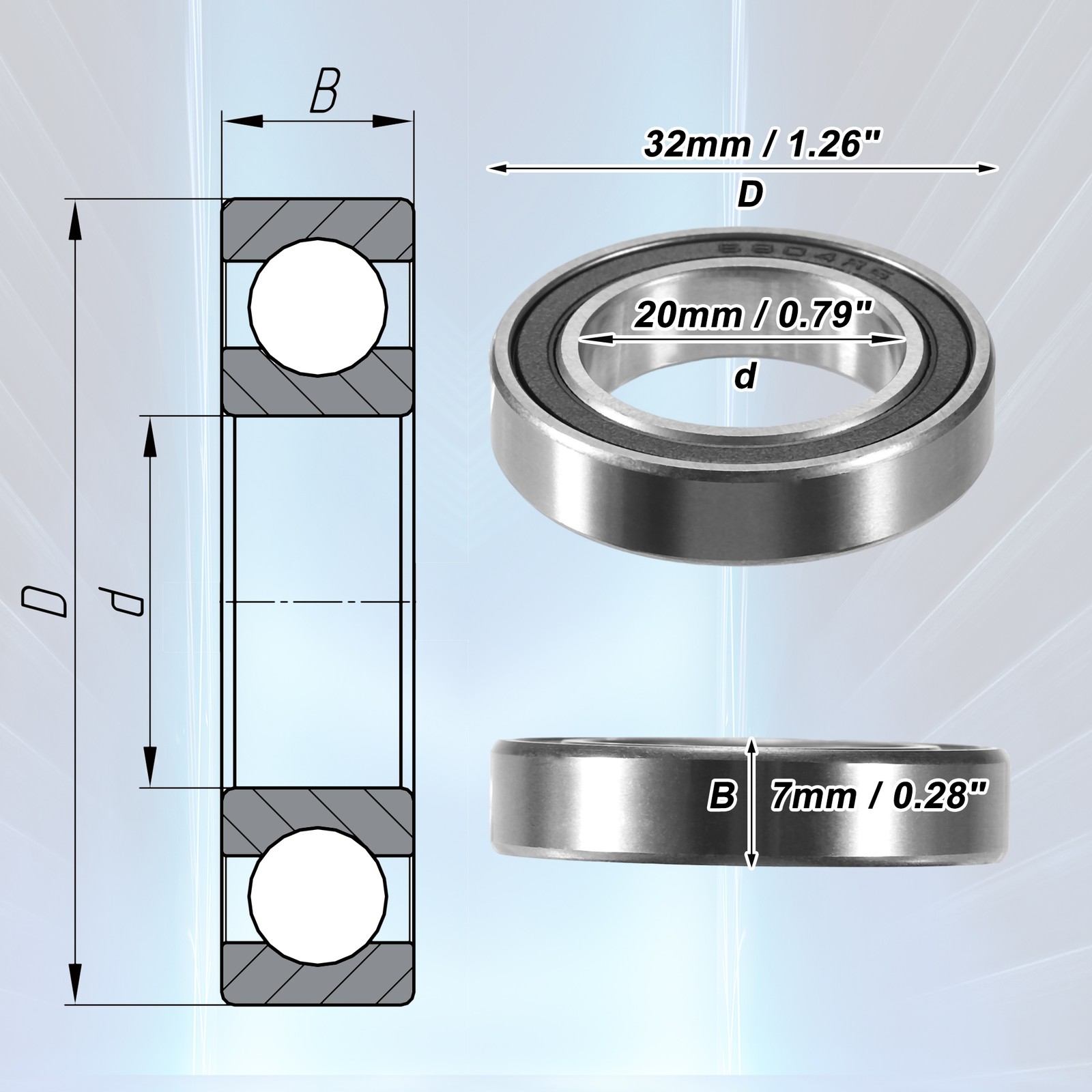2 Pcs 6804-2RS 20x32x7mm Double Rubber Shield Auto Deep Groove Ball Bearings