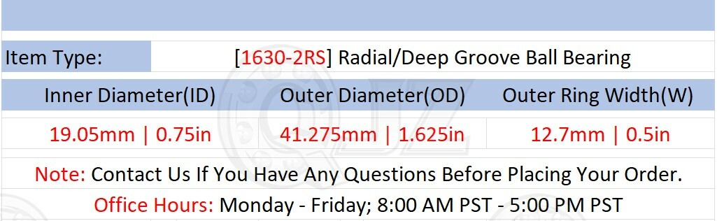 [Qty.8] 1630-2RS Deep Groove Radial Ball Bearing [0.75″ ID x 1.625″ OD x 0.5″ W]