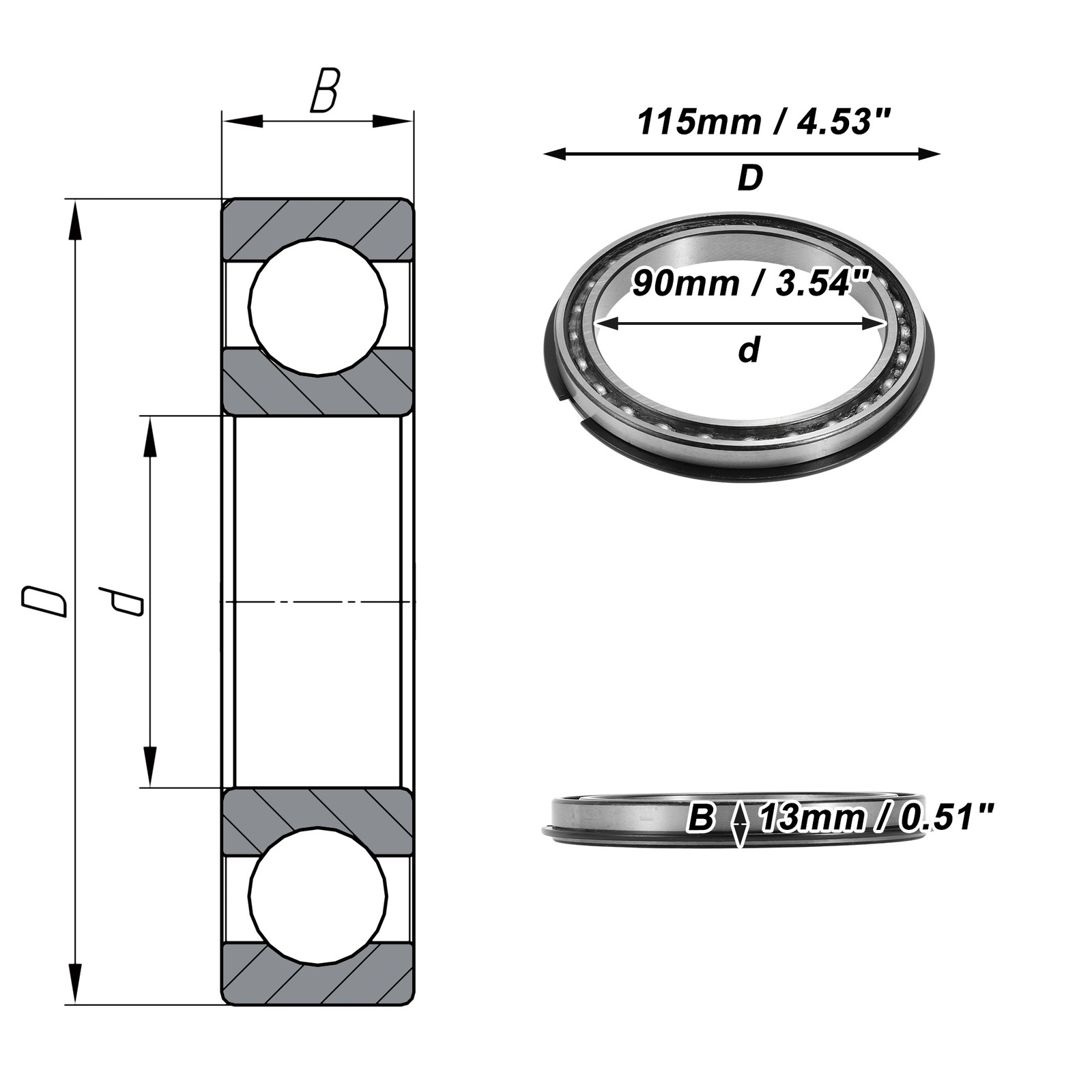 6818NR Deep Groove Ball Bearings 90x115x13mm 1 Pc Silver Tone