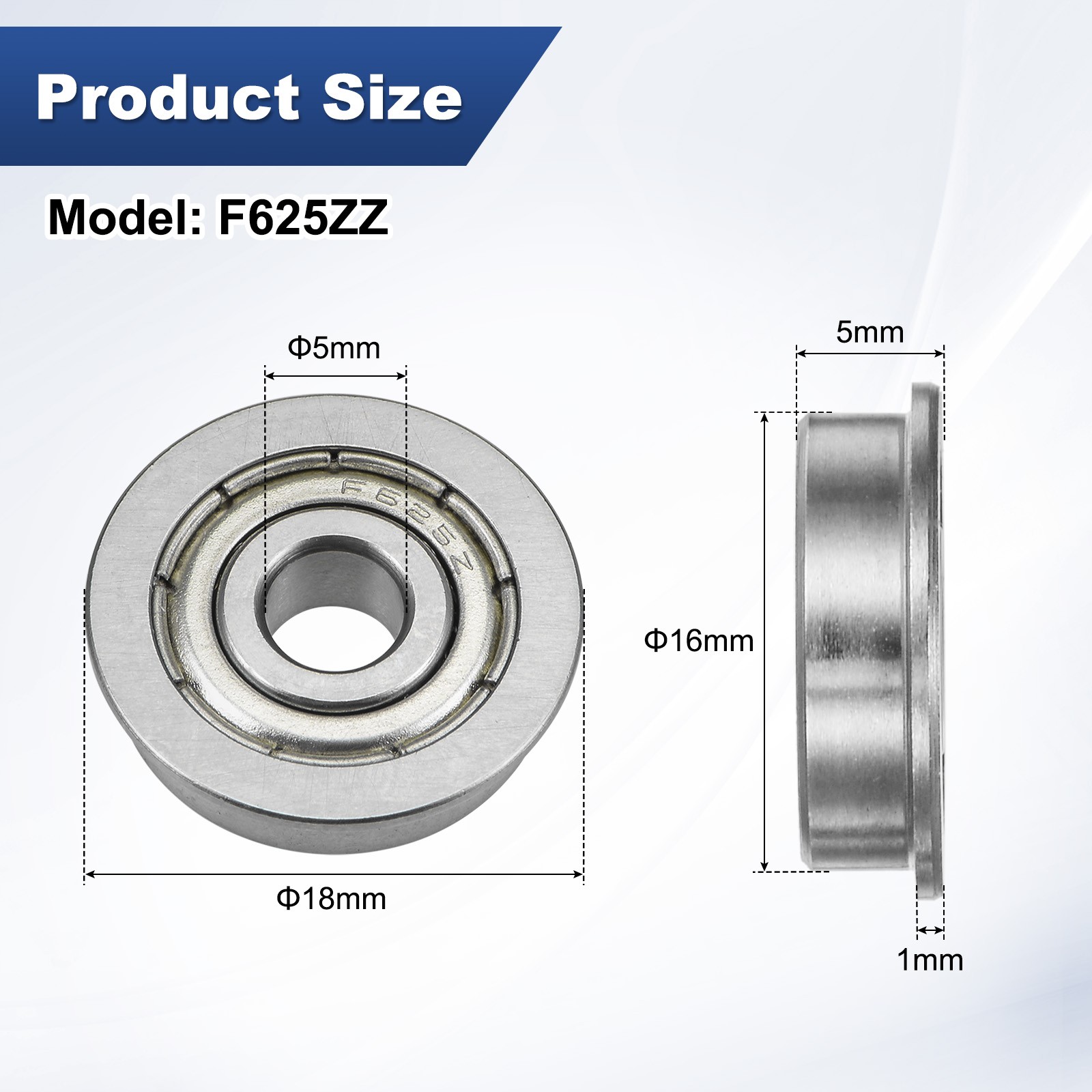 4-Pack F625ZZ Flanged Ball Bearing, 5x16x5mm Metal Sealed Chrome Steel