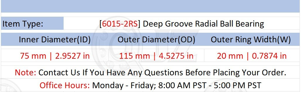 [Qty.1] 6015-2RS Deep Groove Radial Ball Bearing [75mm ID x 115mm OD x 20mm W]