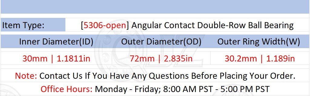 [Qty.50] 5306-OPEN Angular Contact Ball Bearing [30mm Bore x 72mm OD x 30.2mm W]