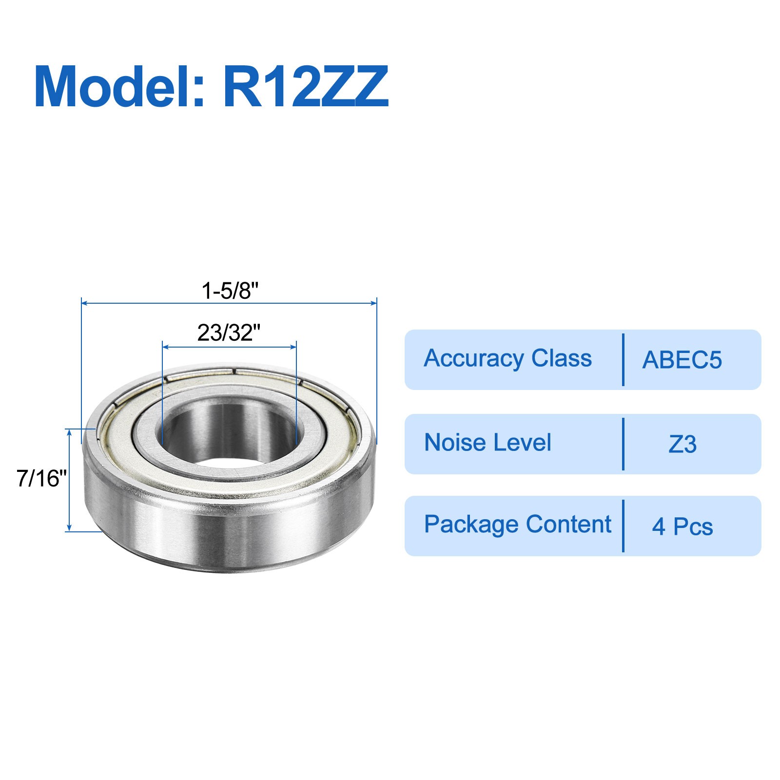 4Pcs R12ZZ 23/32″ ID x 1-5/8″ OD x 7/16″ Height Z3 Ball Bearings, Silver Tone