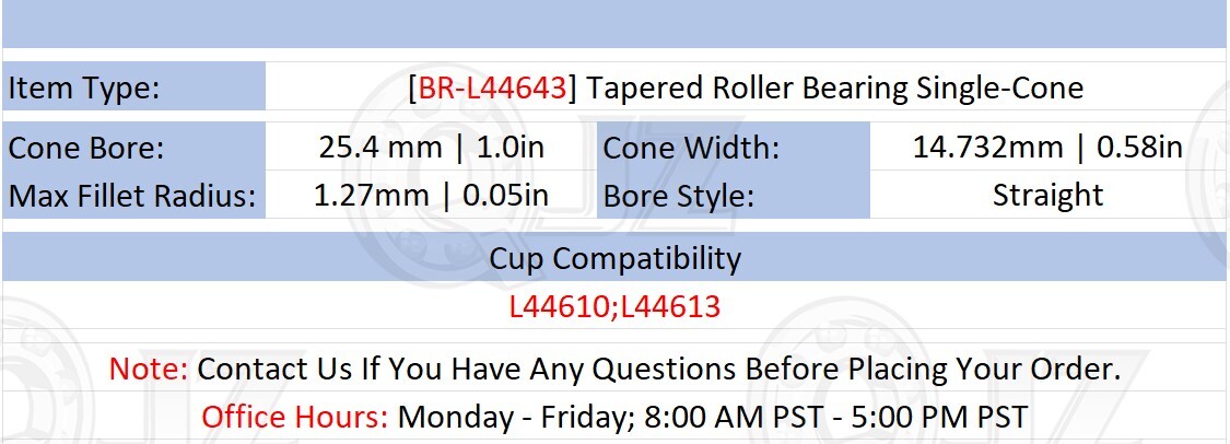 {Qty.2] New BR-L44643 Tapered Roller Bearing Single-Cone [1.0in ID x 0.58in W]