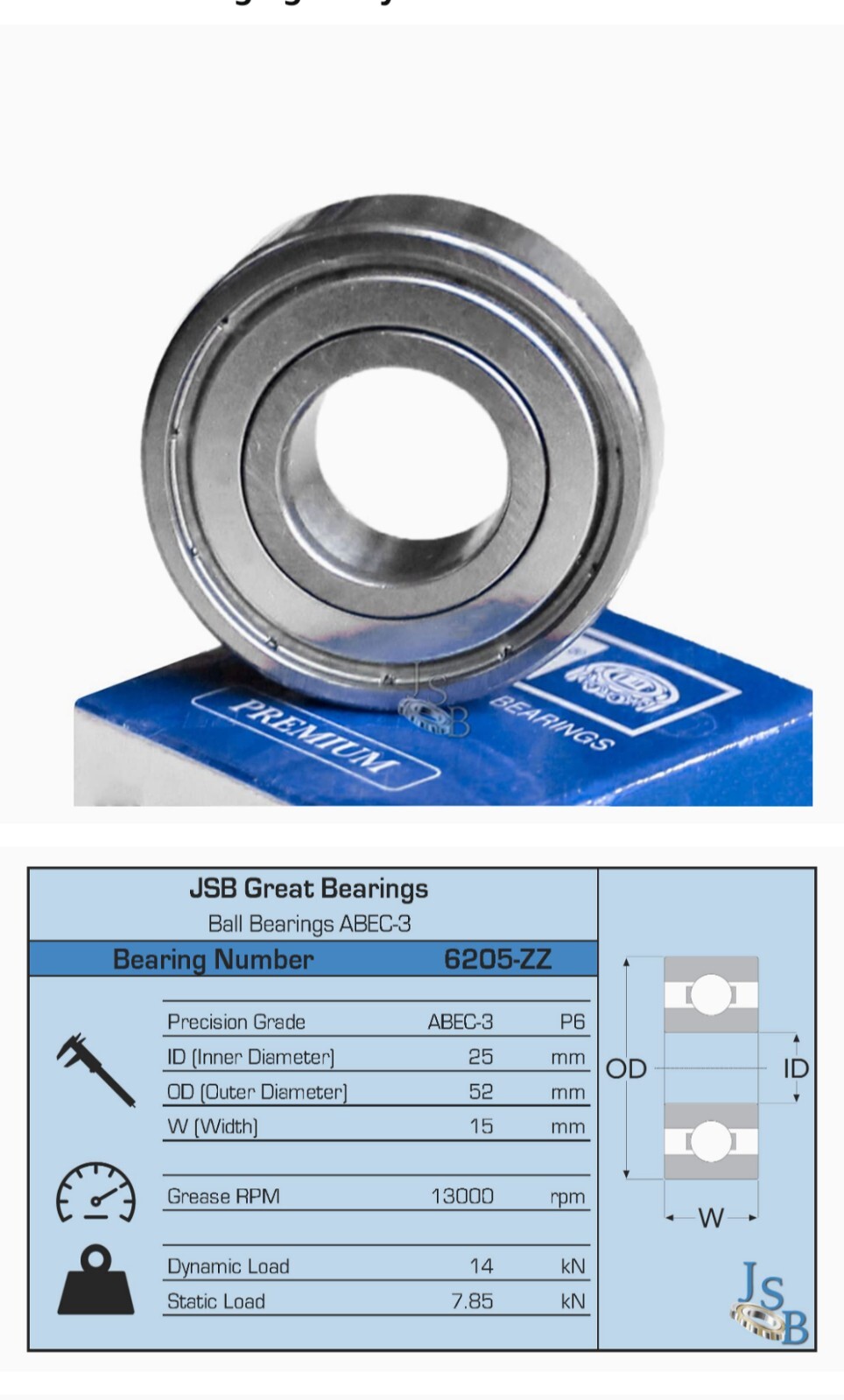 6205-ZZ Premium Metal Shield Ball Bearing C3 EMQ, 25x52x15, 6205 ZZ 6205z