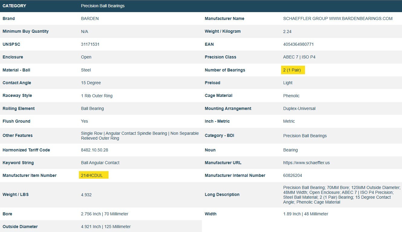 1 Pair of Barden 214HCDUL Angular Contact Bearings, ABEC 7 Precision Bearings