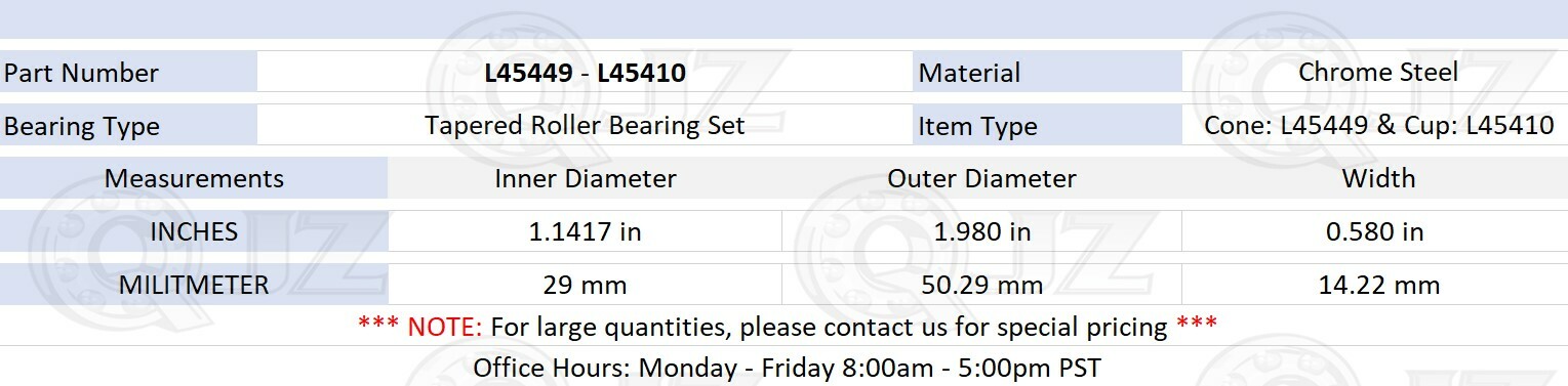 [1 Set] Cone: L45449 Cup: L45410 Tapered Roller Bearing 1.142″ x 1.98″ x 0.58″