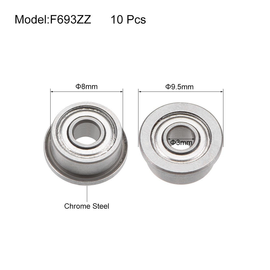 F693ZZ Flange Ball Bearing 3x8x4mm Shielded Chrome Bearings 10pcs