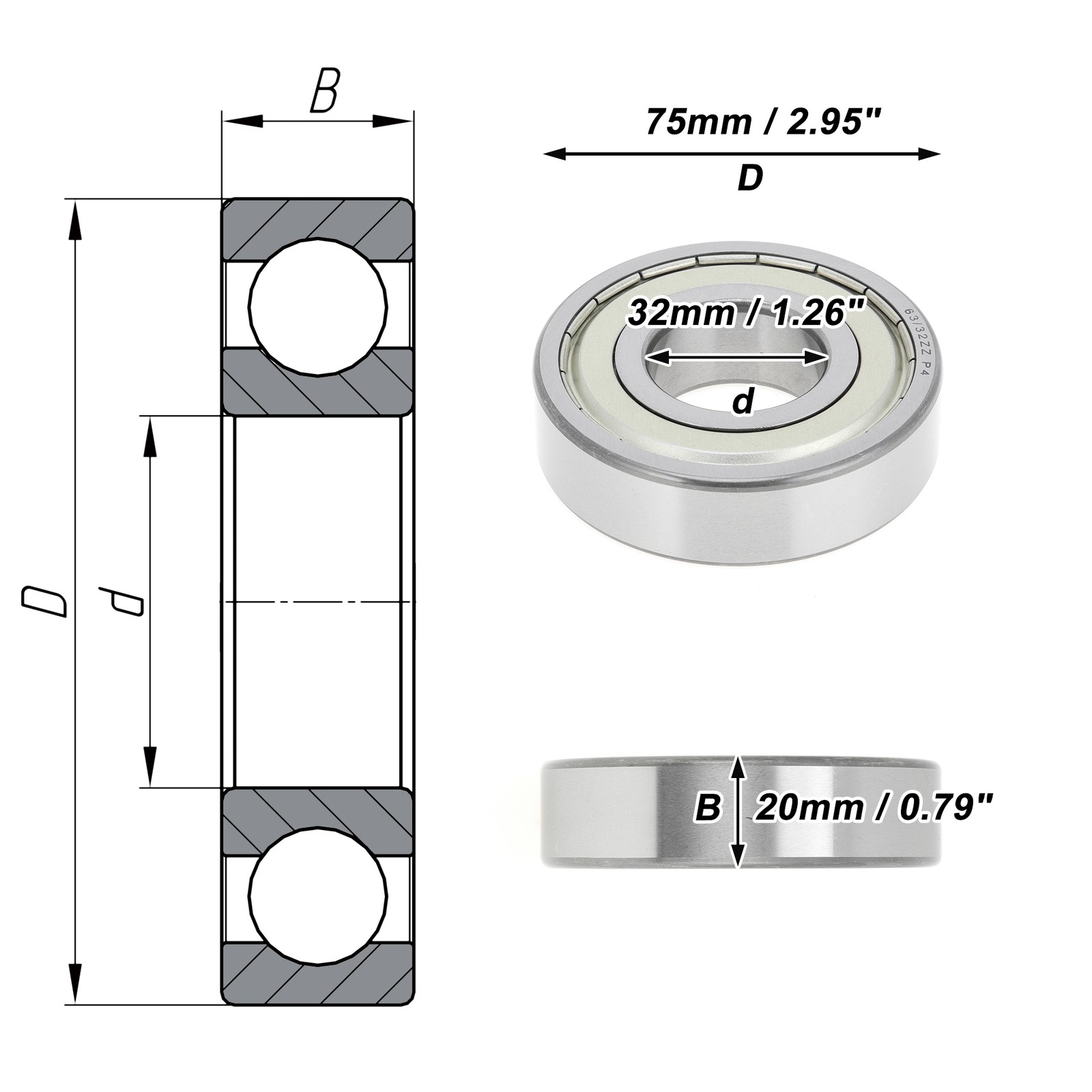 63/32ZZ Deep Groove Ball Bearings P4 32x75x20mm 1 Pc Scooter Skateboard Wheel
