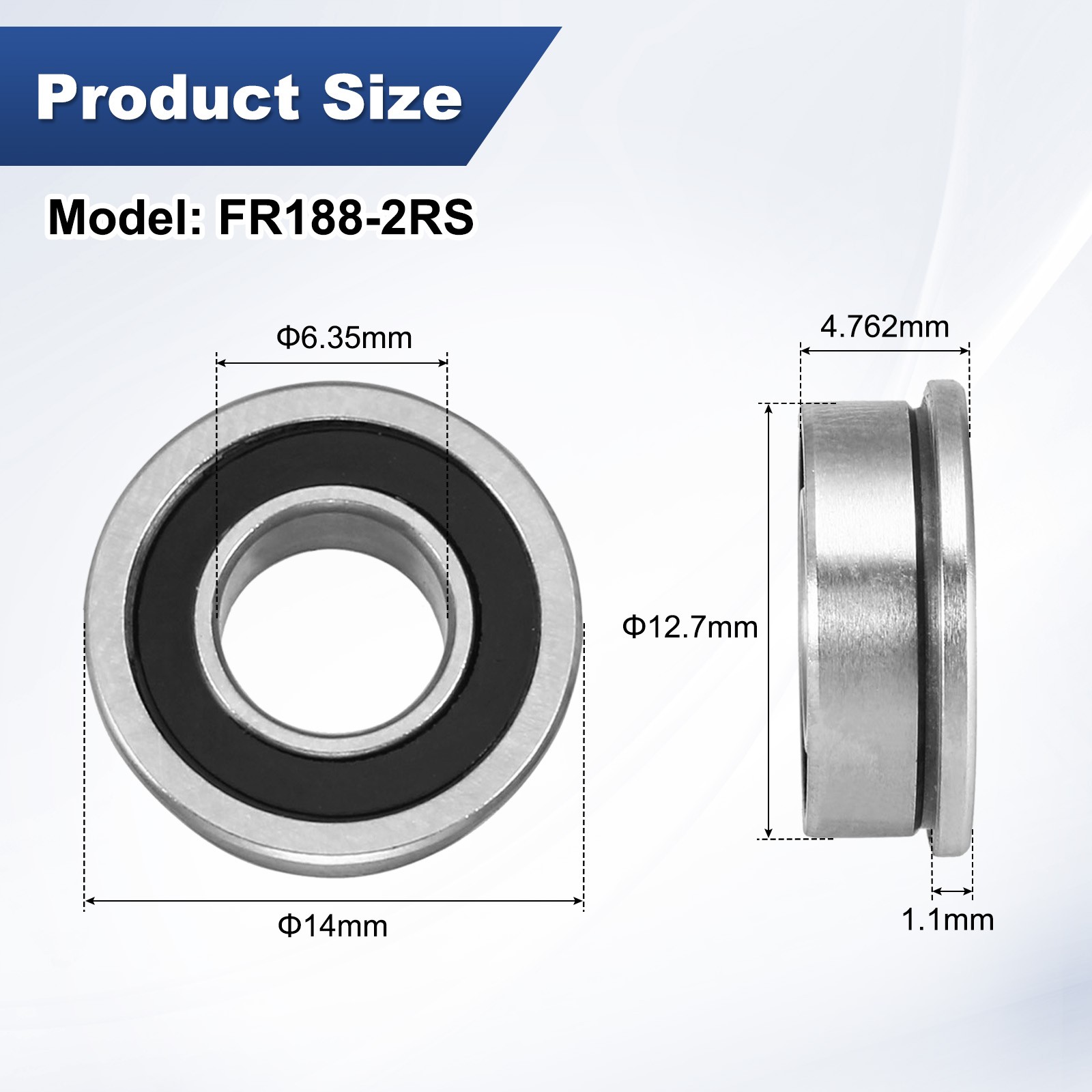 2-Pack FR188-2RS Flanged Ball Bearing, 1/4″ x 1/2″ x 3/16″ Rubber Sealed