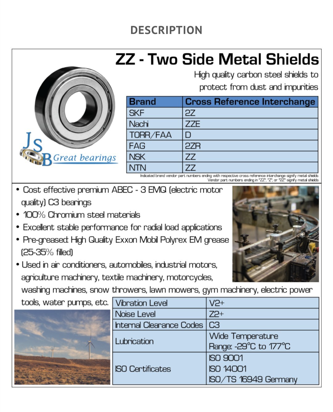 6205-ZZ Premium Metal Shield Ball Bearing C3 EMQ, 25x52x15, 6205 ZZ 6205z
