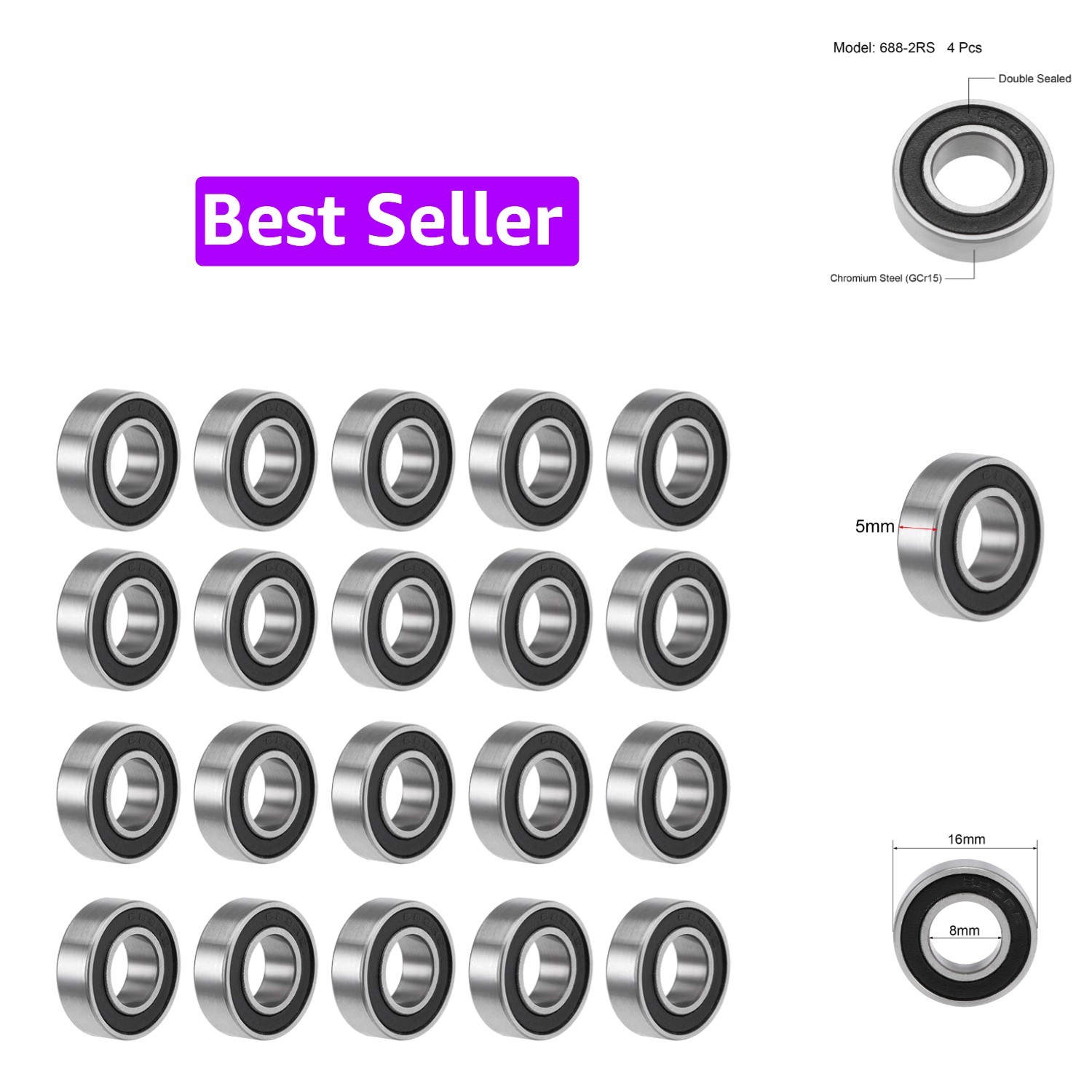 688-2RS Deep Groove Ball Bearings 8mm Inner Dia 16mm OD 5mm Bore Double Seale…