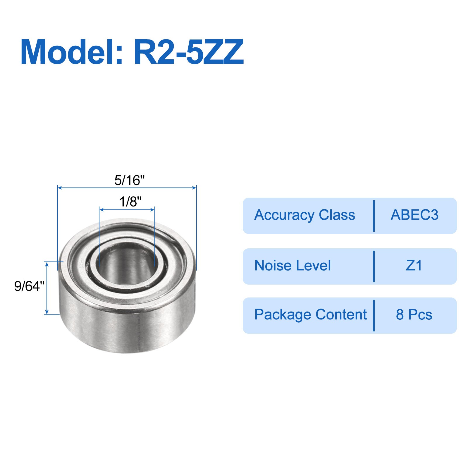 8pcs R2-5ZZ 1/8″ ID x 5/16″ OD x 9/64″ Height Z1 Ball Bearings, Silver Tone