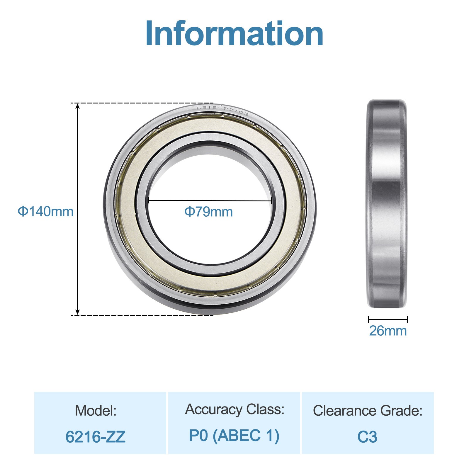 6216-ZZ Deep Groove Ball Bearing 79x140x26mm C3 Clearance Bearing Double Shield