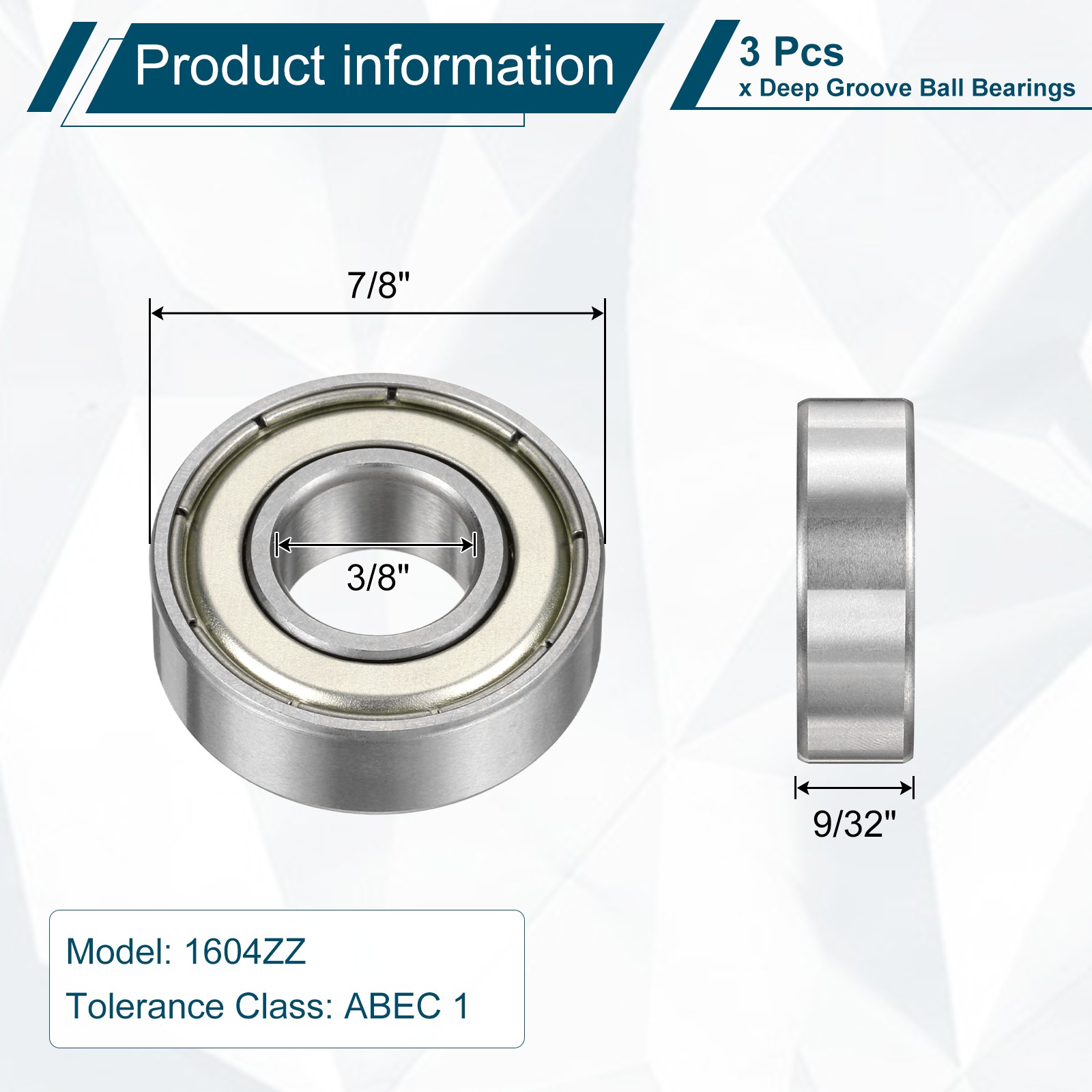 3 Pcs 3/8″ x 7/8″ x 9/32″ 1604ZZ Deep Groove Ball Bearing Sealed Bearing