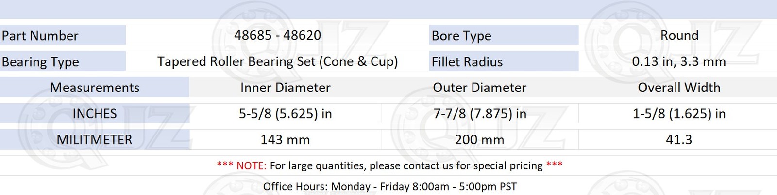 [Qty.2] 48685-48620 Tapered Roller Bearing Set [2″ ID x 3.7″ OD x 1.2″ W]
