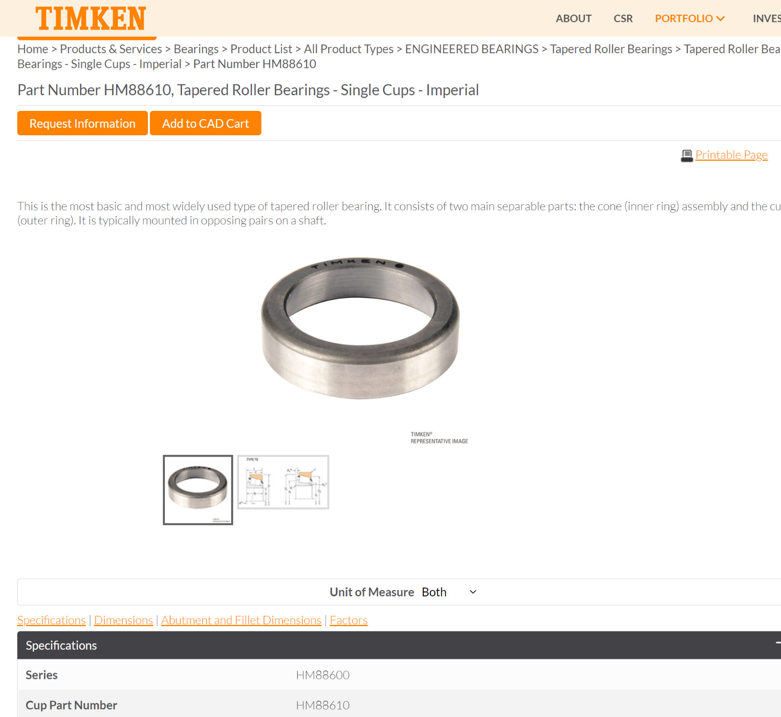 One (1) Timken HM88610 Tapered Roller Bearing Cup 72MM OD USA NEW