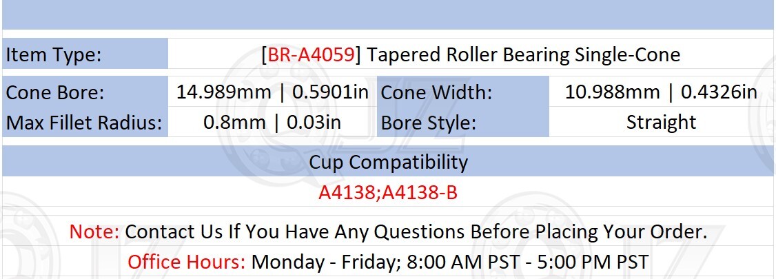 [Qty.1] BR-A4059 Tapered Roller Bearing Single-Cone [14.989mm ID x 10.988mm W]