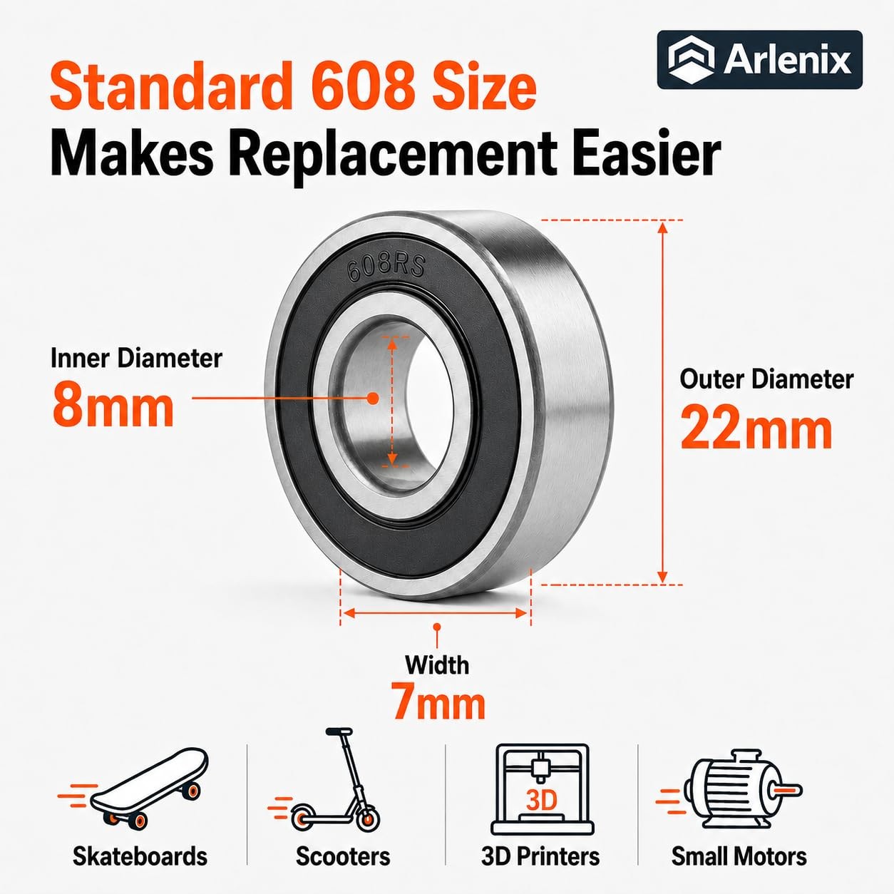 20 Pcs 608 2RS Steel Sealed Deep Groove Ball Bearings