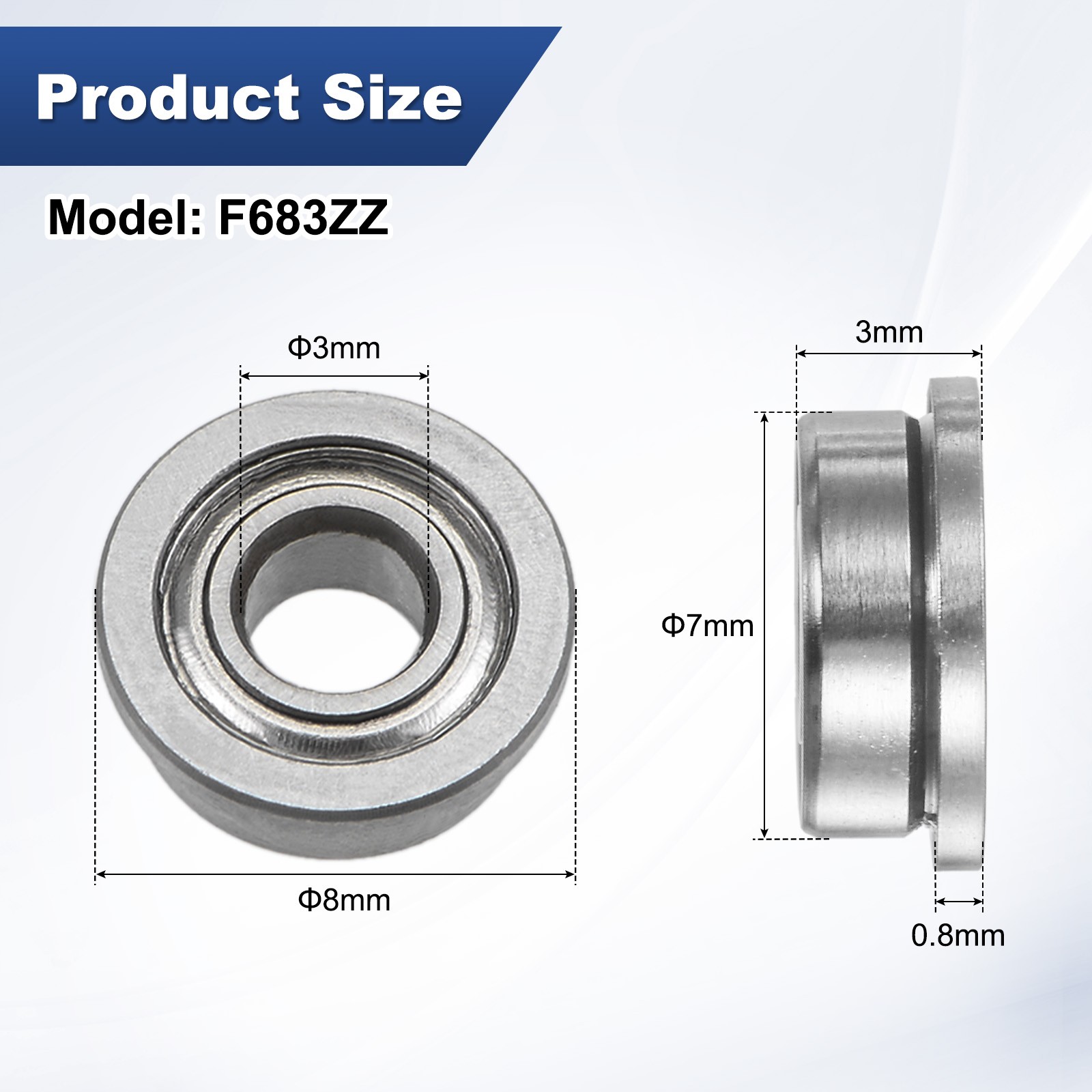 4-Pack F683ZZ Flanged Ball Bearing, 3x7x3mm Metal Sealed Chrome Steel