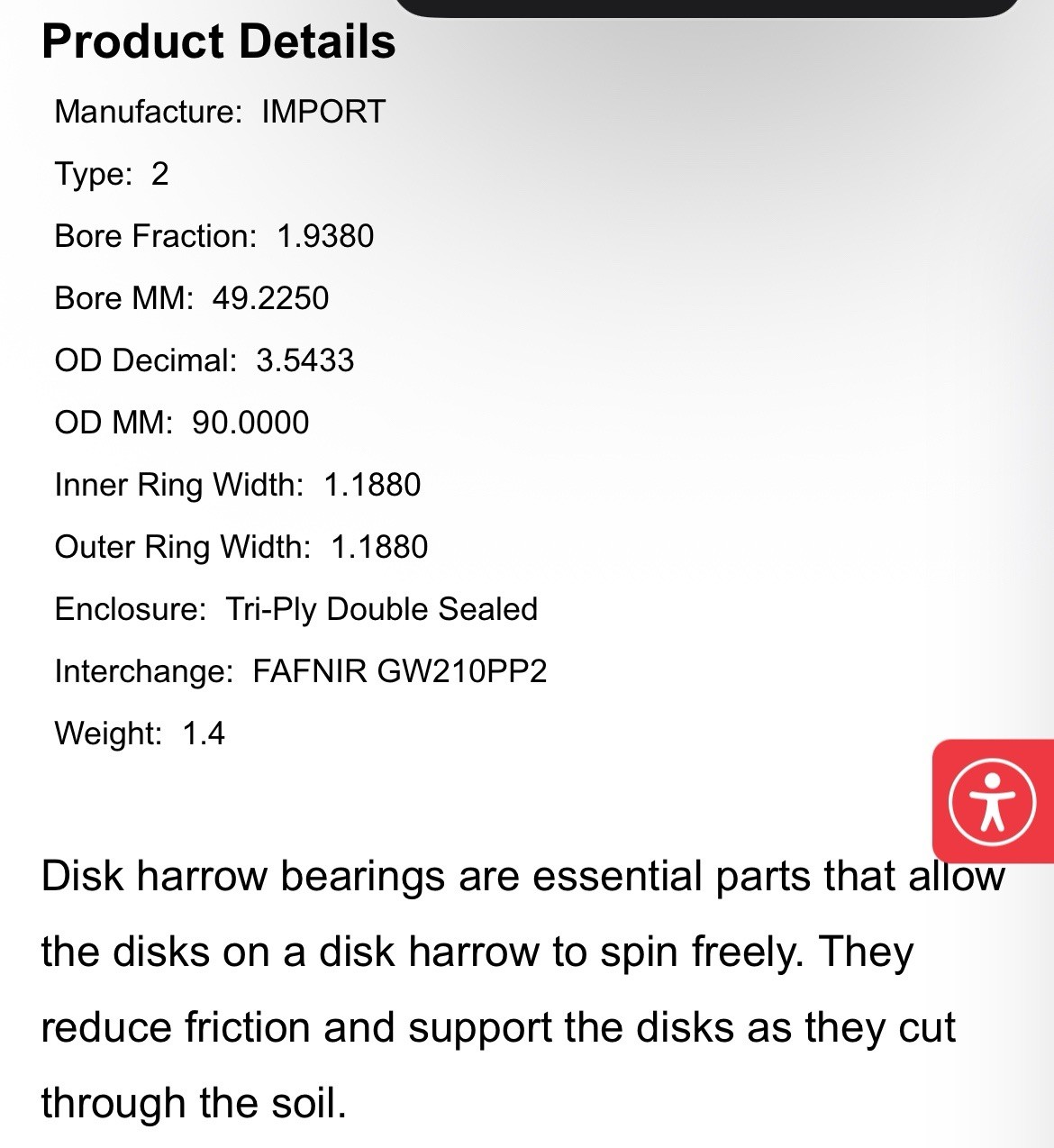 GW210PP2, DC210TTR2, 7AC10-1-15/16 Disc Harrow Bearing